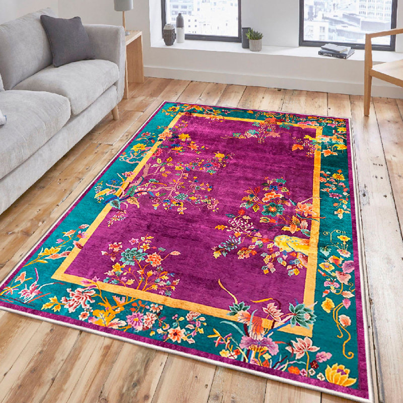 Wencil Non-Slip Cotton Area Rug (5.2 x 7.5 ft), Fuchsia & Yellow, 100% Cotton, 1.0 in Pile Height | Antibacterial, Machine Washable, PVC Underside, Durable Design for Living Room & Bedroom | Easy Care, Stylish Home Décor