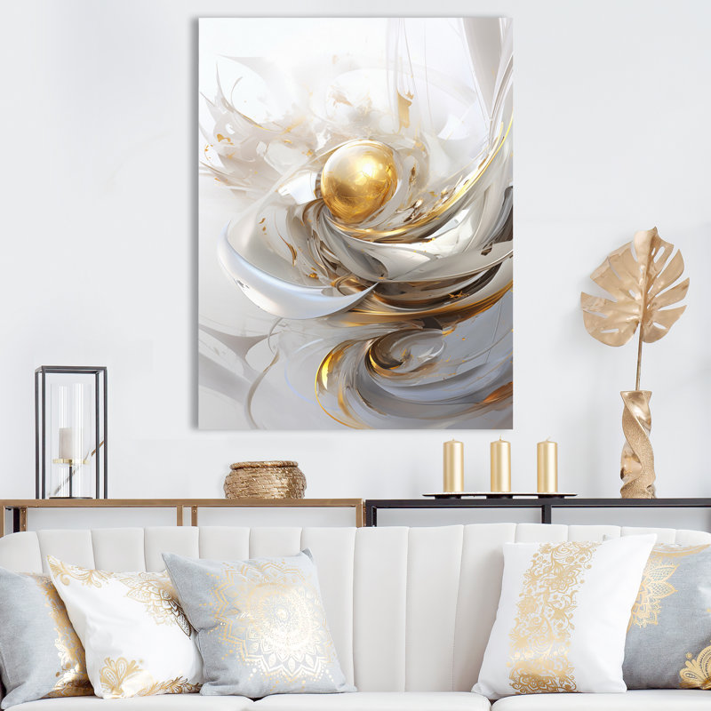 Impression sur toile Fractal Gold Sphere On White I - Fractals, H 40 po x l 30 po x P 1,5 po, Toile tendue