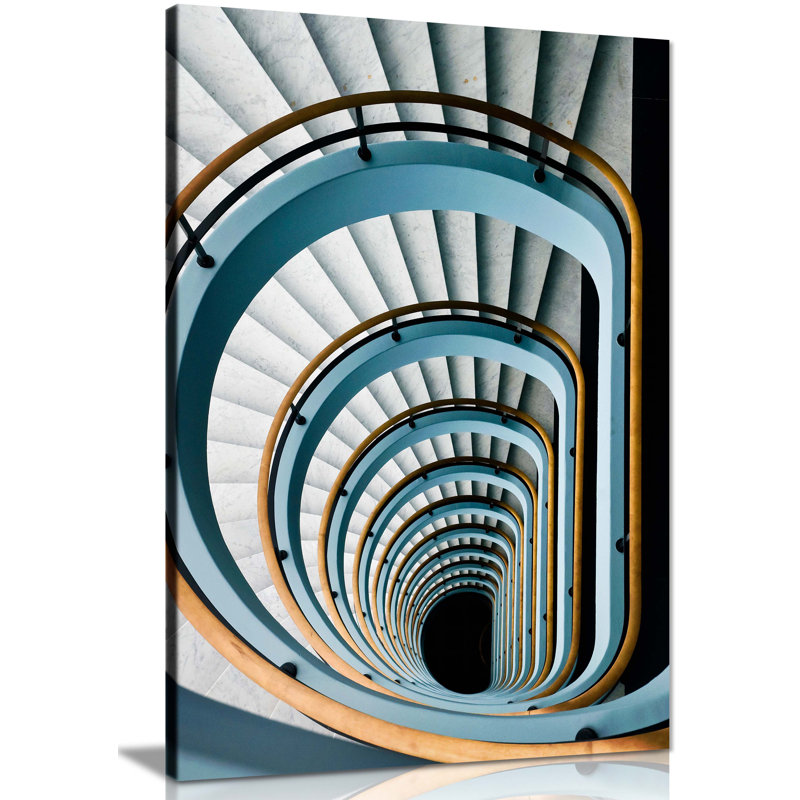 Blue And Yellow Architectural Spiral Stairs Artistic - Wrapped Canvas Print, 31cm H x 20cm W