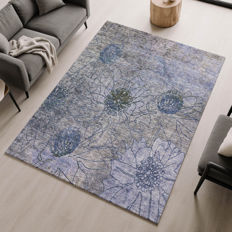Premium Machine Washable Mayfield AMF2235 Floral Rug, Gray, 5' x 7'6"