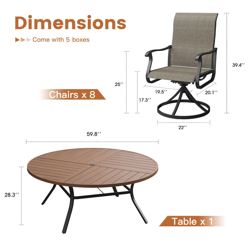 Ensemble de salle à manger rond pour l'extérieur avec table de salle à manger en métal 60 po et 8 ensembles de salle à manger pivotants PVC-coated polyester