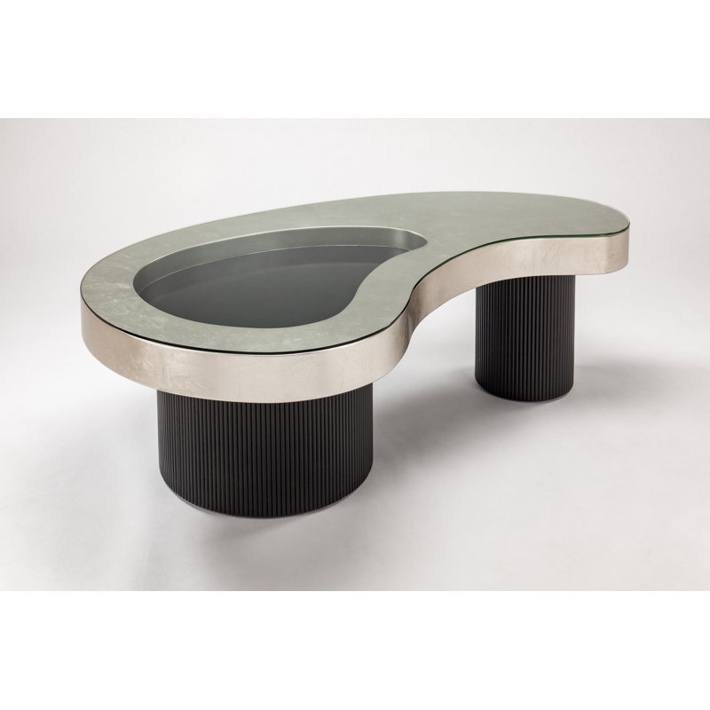 Silverleaf and Black Ribbed Base Kidney-Shaped Coffee Table