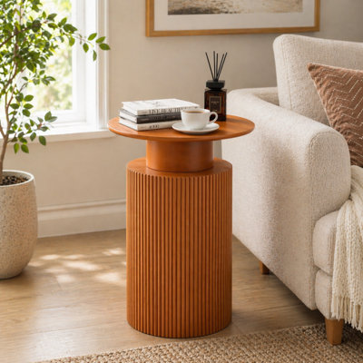 24" Fluted Round Wood Side Table, Mid Century Modern Storage End Table, Farmhouse Accent Nightstand for Bedroom, Living Room & Small Spaces, Wood Tone