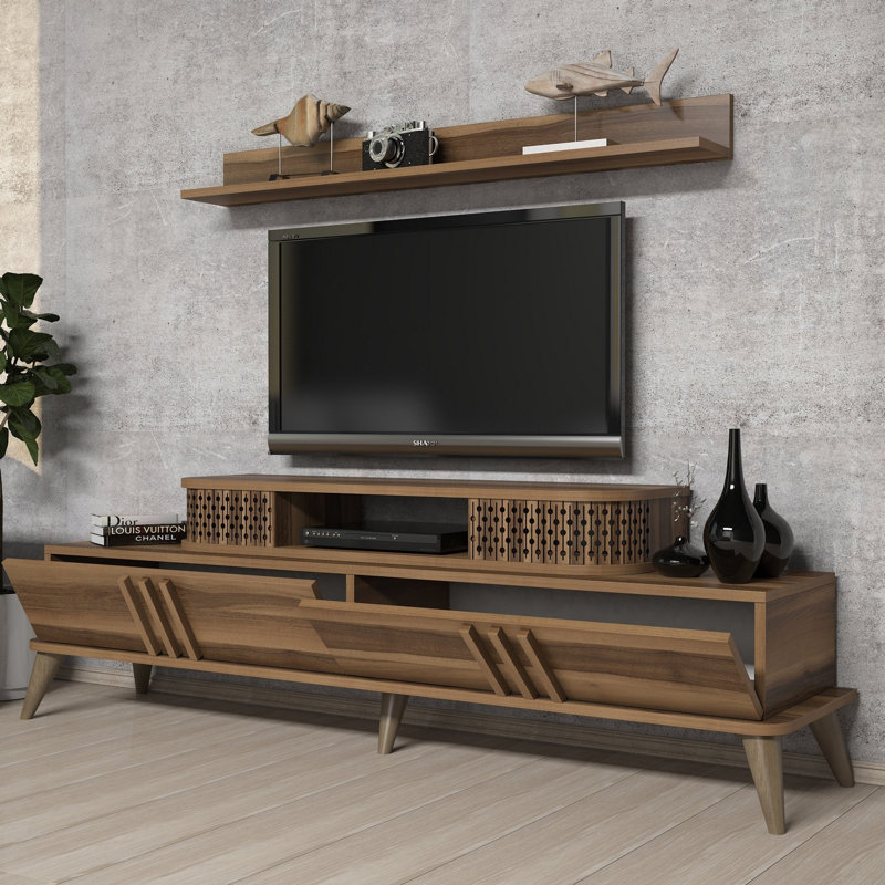 Ensemble de mobilier de salon moderne, finition noyer, 3 pièces | Meuble télé (66,1 x 20,3 x 15,4 po), table basse (41,3 x 13,6 x 23,6 po), tablette murale (47,2 x 4,7 x 15,7 po) | Panneau de particules enduit 100% mélamine, design élégant et fonctionnel