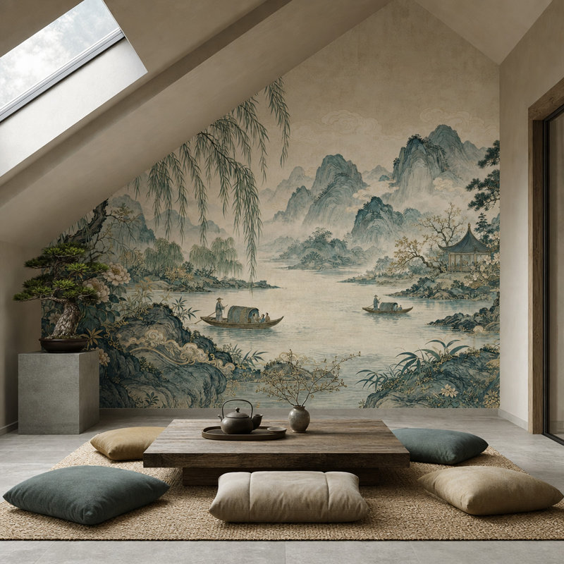 Papier peint paysage est asiatique, Misty Mountains River, 160 po x 108 po, Peler et coller