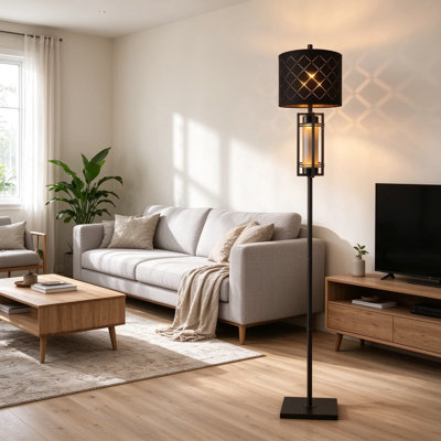 Lampe sur pied moderne avec veilleuse, lampe sur pied haute avec base en métal, abat-jour à carreaux creux, éclairage doux et attentionné pour la lecture dans le salon