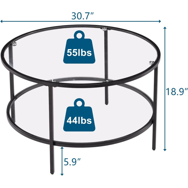 VINGLI Double Coffee Table Round Glass 78*78*49Cm, Matte Black