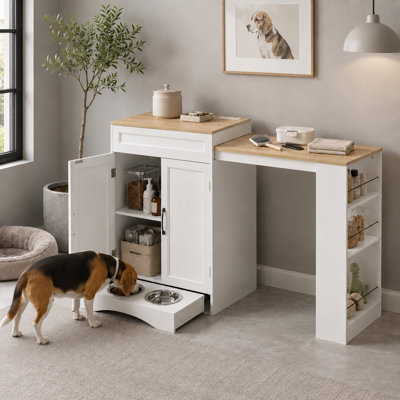 Armoire de rangement pour chien avec prises de courant et bols cachés de 49 po de largeur, station d'alimentation pour animaux avec comptoir coulissant