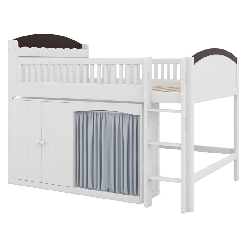 Loft Bed with Wardrobe, Storage Cabinet, White