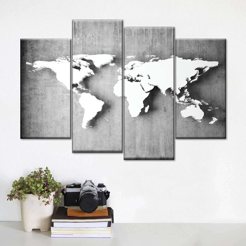 Carte du monde de fer - ensemble de 4 toiles tendues, H 36 po x l 22 po x P 1 po