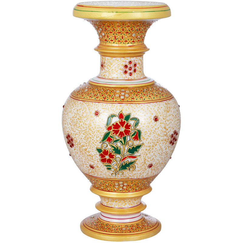 Vase en marbre blanc fabriqué à la main 12 po avec incrustation de pierres précieuses
