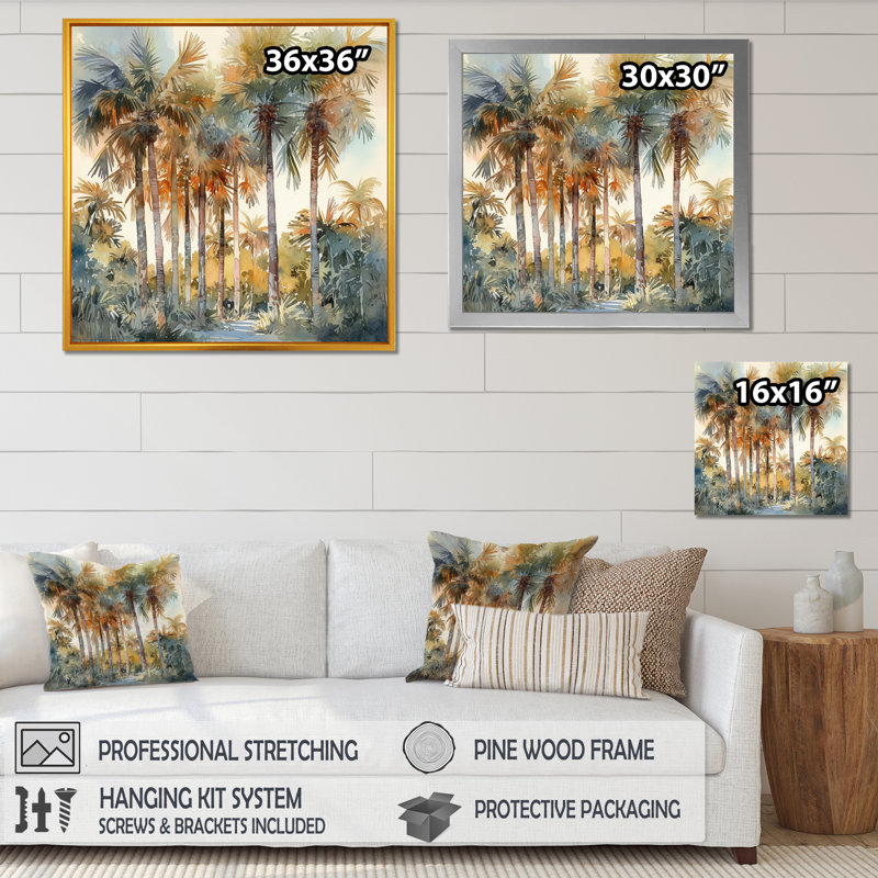 «Green Palm Tree Paradise III - Palm Trees», reproduction d'art sur toile, H 16 po x l 16 po x P 1 po, Cadre doré simple