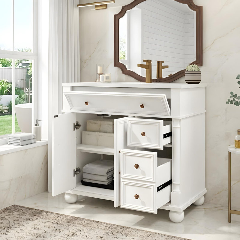 Meuble-lavabo de 36 po de style médiéval avec lavabo et rangement polyvalent, White