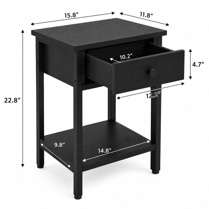 Ensemble de 2 tables de chevet avec tiroirs et tablette, table de chevet avec structure en acier
