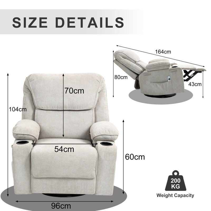 96 CM Modern Heated Massage Chair Swivel Rocker Recliner with Cup Holders,  Beige Grey