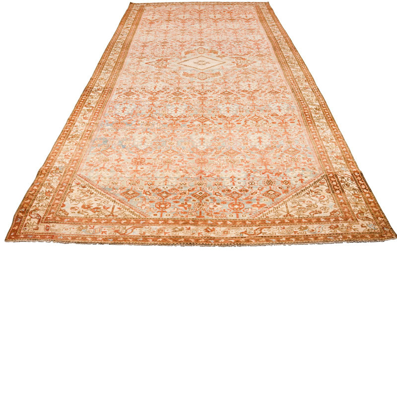 Tapis unique bleu / beige 6 pi 7 po x 16 pi 2 po années 1990