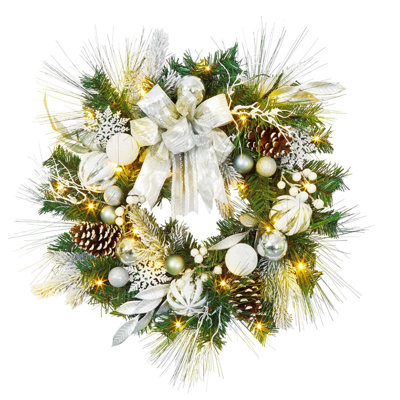 Couronne de Noël argentée et blanche préilluminée de 61 cm (24 po) avec flocons de neige et pommes de pin