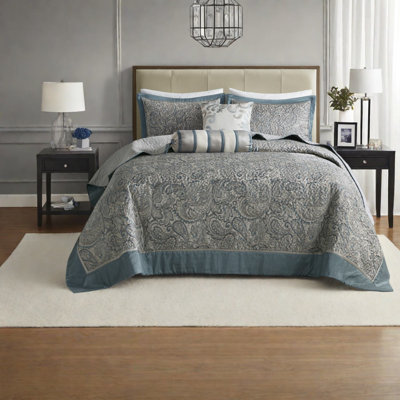 Elegant 5-piece Jacquard Bedding Sets, Cotton-filled Teal Queen Size For Modern Homes