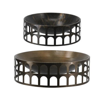 Set of 2 Round Iron Trays, 15.2" & 11.2" Black Gold Roman Arch Decor Trays
