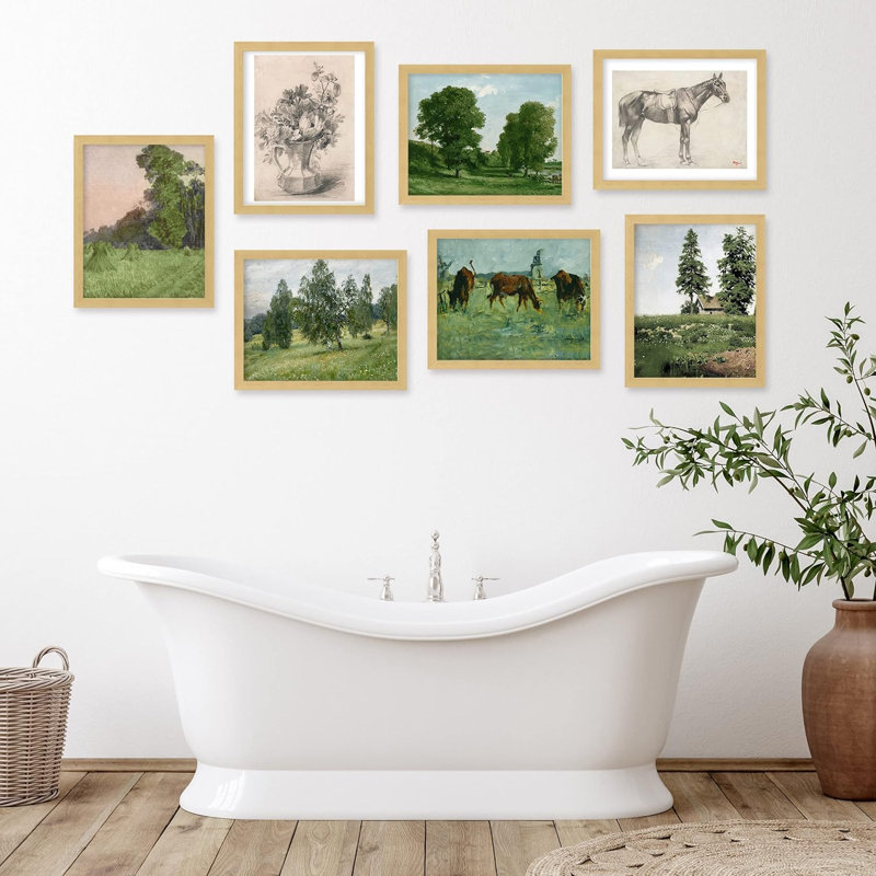 Fine Art Vintage Forest Landscape Horse, abstrait géométrique, encadré sur papier, 7 pièces, Naturel