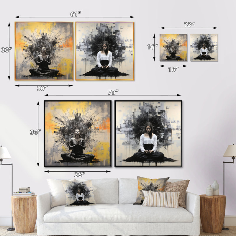 "Minimalisme noir et blanc Yoga médiation" 2 pièces, H 16 po x l 33 po, Toile tendue
