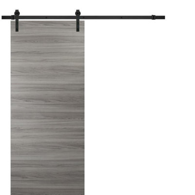 Porte de grange robuste avec quincaillerie Planum 0010 Ginger Ash, supports de rail de 2 m (6,6 pi), porte intérieure moderne à panneaux pleins et robustes - 71 cm x 203 cm (28 po x 80 po) - Rail noir