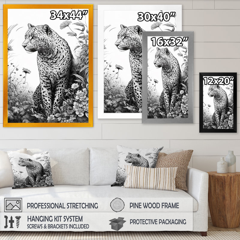 Léopard noir et blanc dans la jungle - reproduction d'art sur toile, H 40 po x l 30 po x P 1,5 po