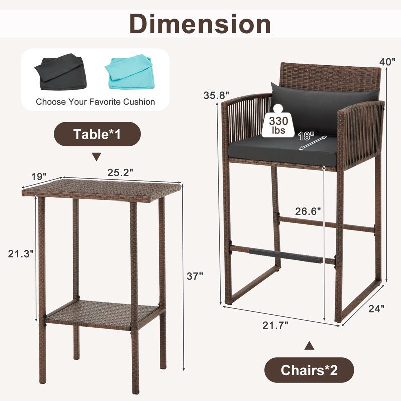 Tannehill 3-Piece Steel Outdoor Bar Set, Brown