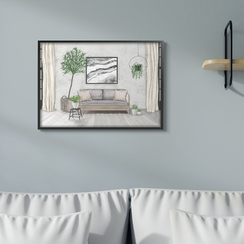 «Modern Living Room Interior Design Green Grey», impression, H 24 po x l 30 po, Giclée encadrée noir minuit