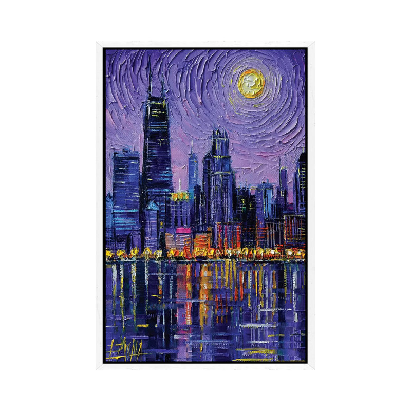 Chicago Skyline 1 Piece Painting on Canvas, 66.04cm H x 45.72cm W x 3.81cm D, White Framed