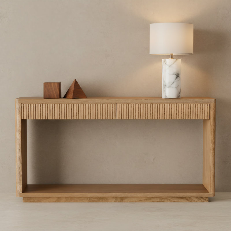 Table d'appoint 60 po à deux tiroirs à bord en retrait avec placage en bois massif, Naturel