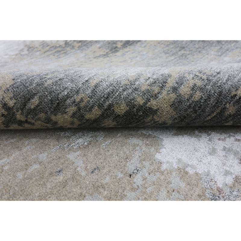 Tapis gris / beige / blanc noué à la main de haute qualité, Rectangle 9 pi x 12 pi