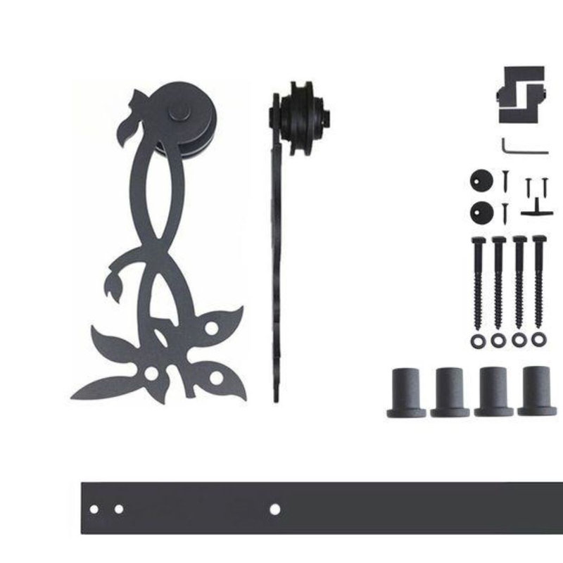 Ensemble de quincaillerie de porte de grange à une porte standard à fleur simple noir rustique Flower Design, 108 po
