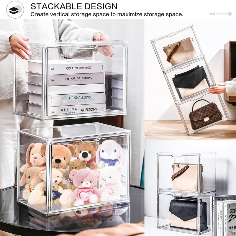 Plastic Handbag Storage Organizer For Closet, Small Acrylic Display Box For Handbag, Stackable Storage Boxes Bag Organizer With Magnetic Door For Purse Clutch Wallet Book Hats,(Clear/4 PCS)