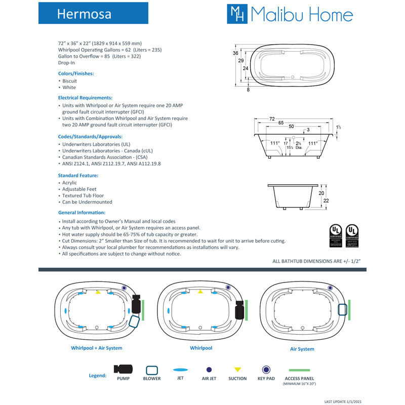 Hermosa 72" x 36" Drop In/Undermount Air Acrylic Bathtub, White