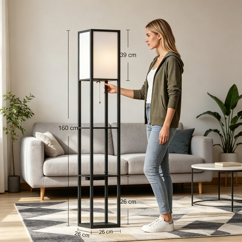 Brown Floor Lamp with Storage Shelves, Modern Corner Standing Lamp with Lampshade, Foot Switch Reading Light, LED Bulb Included for Living Room Bedroom Home Office