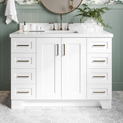 Freitas 48'' Solid Wood Single Bathroom Vanity in White with 1.5'' Carrara Marble Top, Center, Rectangle Sink