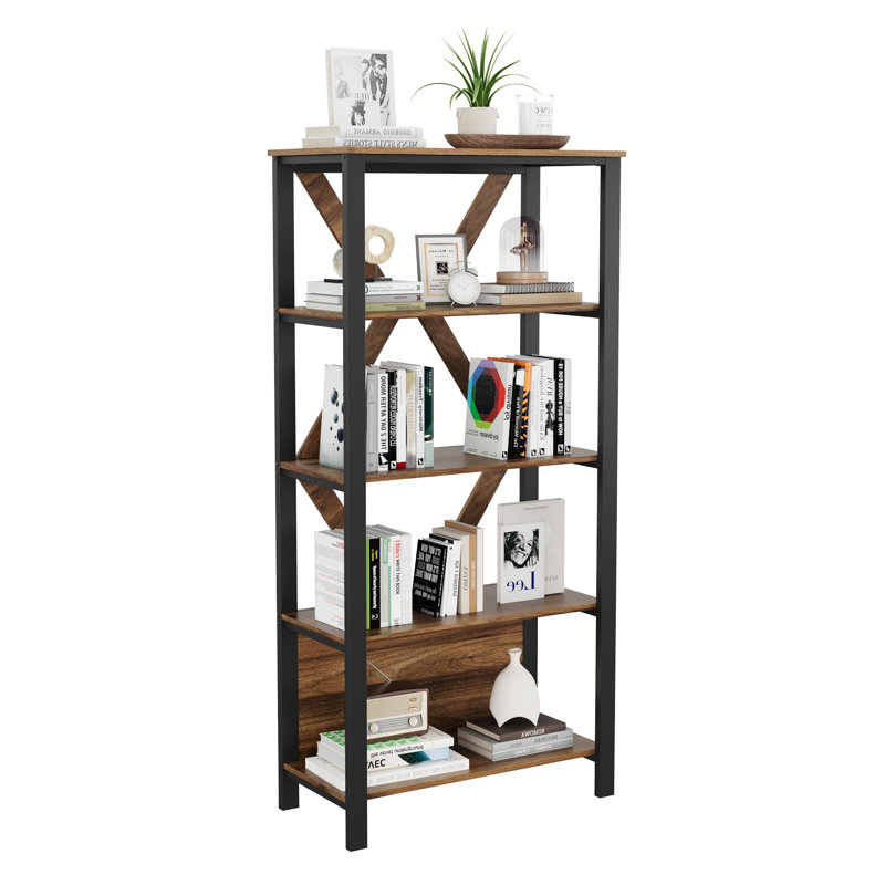 Bibliothèque à 5 niveaux avec lumières DEL, (5 tablettes) H 65,60 po x l 31,50 po x P 15,80 po, Brun rustique