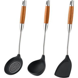 Silicone Wok Spatula Ladle Skimmer Stainless Steel Wok Tools Resistant Cooking Utensils BPA Free Wooden Handle 3 Pieces