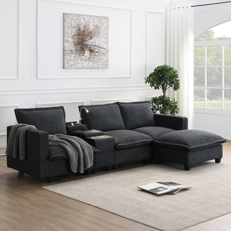 Canapé modulaire 109 "57" avec console Cloud, port de charge USB, lampe de lecture, porte-gobelet, Gris chenille