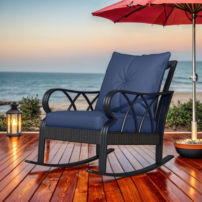 Chaise berçante d'extérieur avec coussins moelleux et rotin résistant aux intempéries, Bleu