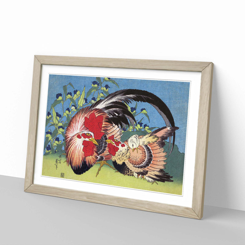 Rooster, Hen & Chicken by Katsushika Hokusai - Picture Frame Graphic Art Print, 40cm H x 60cm W x 2cm D, Oak
