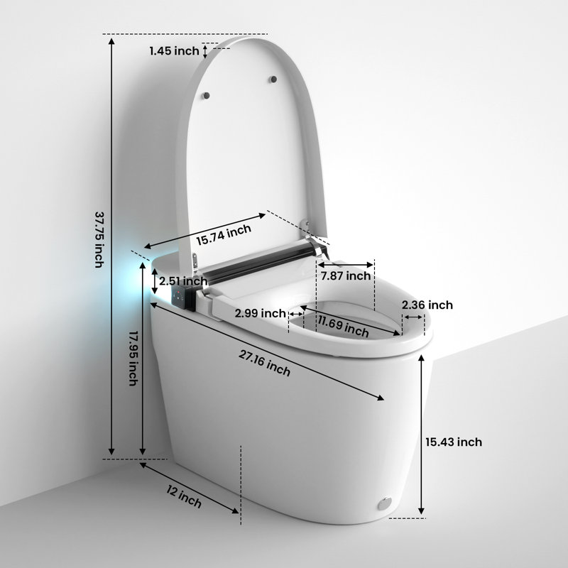 Toilette intelligente une pièce intelligente et intelligente avec ouverture / fermeture automatique de radars laser, bouclier en mousse anti-éclaboussures, siège chauffant, séchoir à air chaud