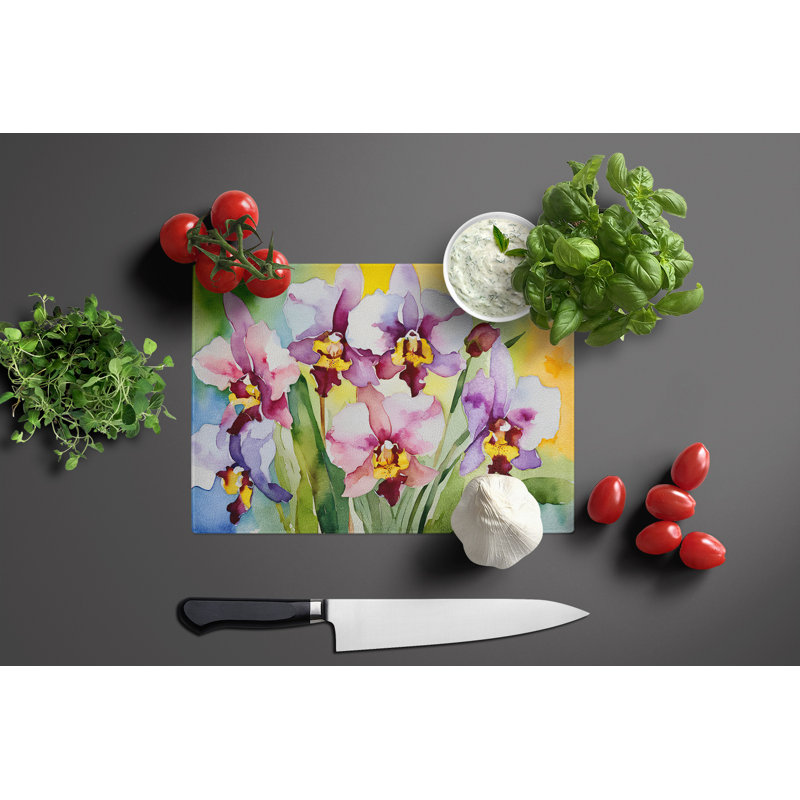 Orchids in Watercolor Glass Cutting Board Large