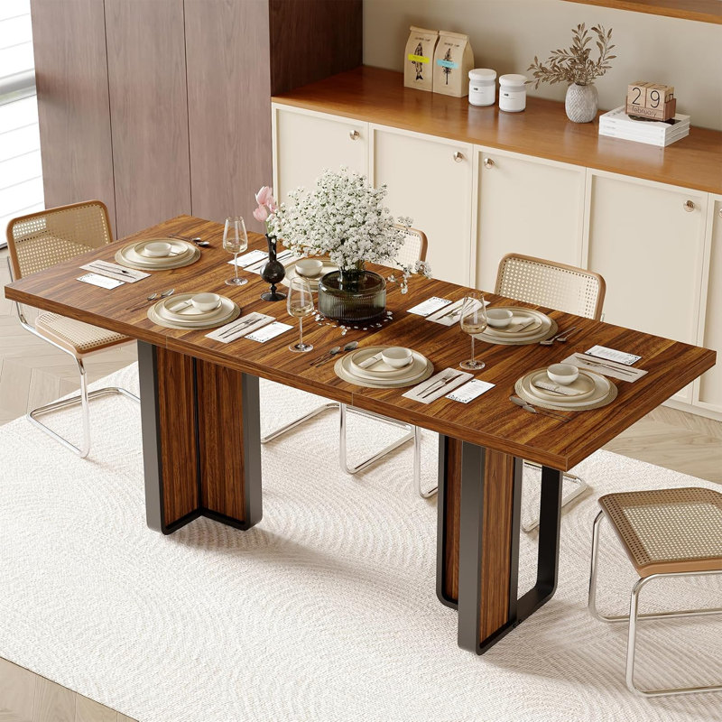 Table de salle à manger en bois 71 po pour 6 à 8 personnes, table rectangulaire avec pieds en métal pour la salle à manger, brun