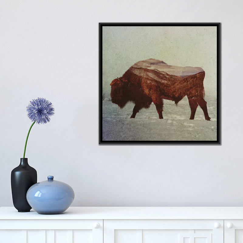 « bison ii », impression sur toile tendue, H 18 po x l 18 po x P 1,5 po, Toile avec cadre noir, Pas de tapis