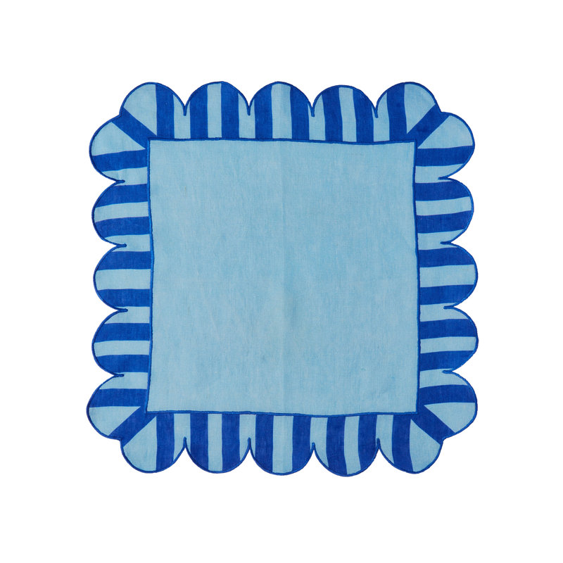 Jardin Embroidered Linen Scalloped Stripe Napkins, Blue