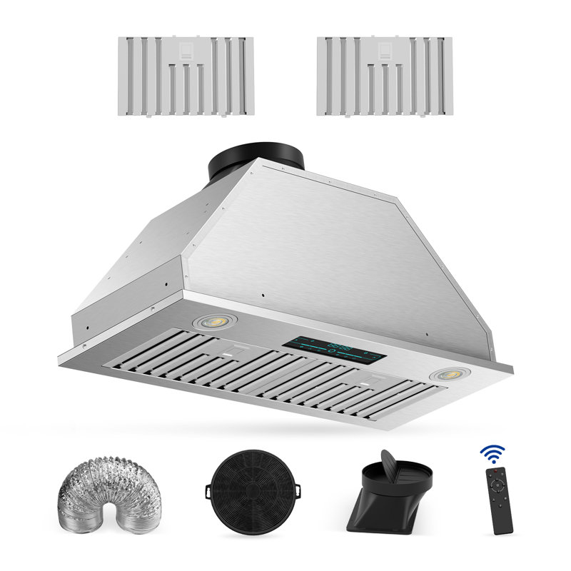 Hotte intégrée de 30 po, 900 pi³ / min, convertible à conduit / sans conduit, 4 vitesses ultra-silencieuses, contrôle à distance / tactile / geste, arrêt différé, minuterie, filtre à chicane en acier inoxydable allant au lave-vaisselle, filtre à charbon, lumières DEL réglables, argent