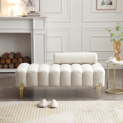 53.2"Width Modern End Of Bed Bench Sherpa Fabric Upholstered 2 Seater Sofa Couch Entryway Ottoman Bench Fuzzy Sofa Stool Footrest Window Bench With Gold Metal Legs For Bedroom Living Room,Beige
