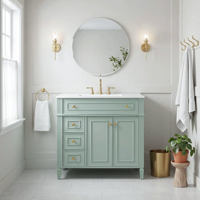 Ensemble de meuble-lavabo autoportant standard 36 po en bois massif et panneau de fibres à densité moyenne, vert, avec lavabo en céramique, 3 tiroirs, 2 portes à fermeture en douceur et tablette réglable, robinet non inclus
